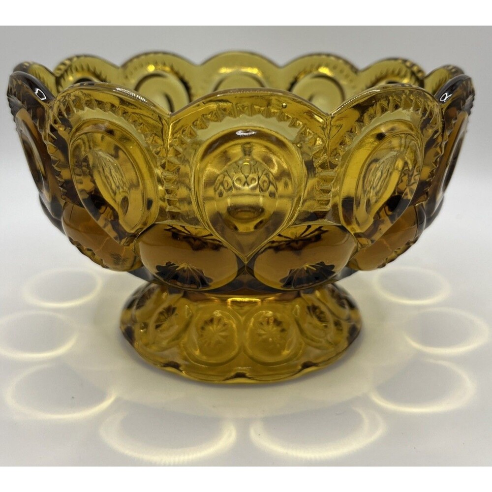 Vintage LE Smith Moon And Star Amber Footed Dish Bowl 6" Wide 4” Tall
